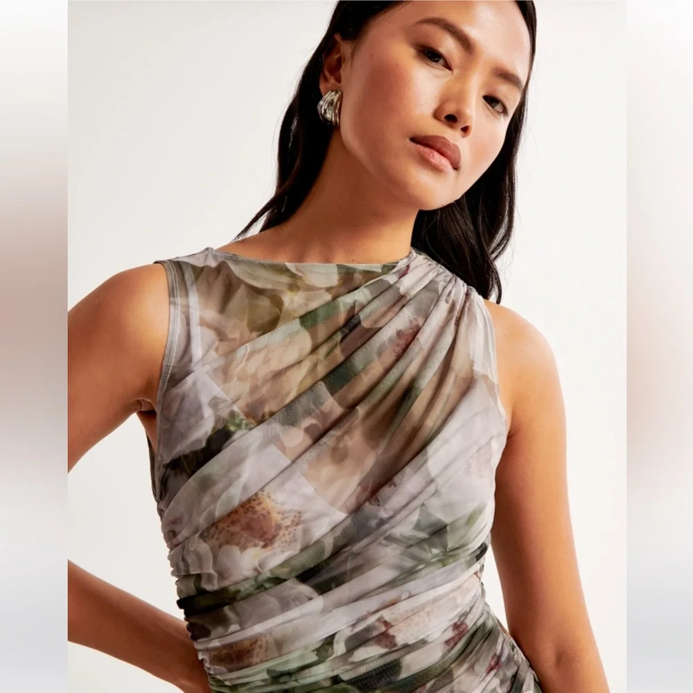 Abercrombie Sheer Mesh High-Neck Drop-Waist Maxi Dress Green Floral XS